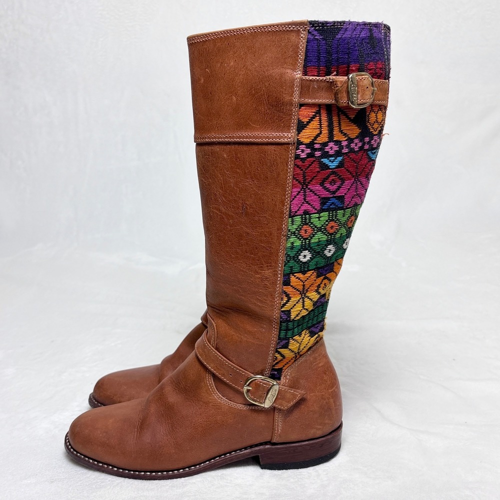 Handmade Huipil Panel Leather Riding Boots Boho Chic Festival Artisan Sz 37 US 7